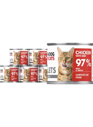 6 srebrnych puszek karmy dla kota John Dog for Cats Fillets 140 g z białymi etykietami. Na etykietach widoczny rudy kot oraz napis na czerwonym tle „Chicken with beef 97% Meat & Broth”.