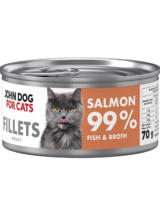 Srebrna puszka karmy dla kota John Dog for Cats Fillets 70 g z białą etykietą. Na etykiecie widoczny ciemnoszary kot oraz napis na pomarańczowym tle „Salmon 99% Fish & Broth”.