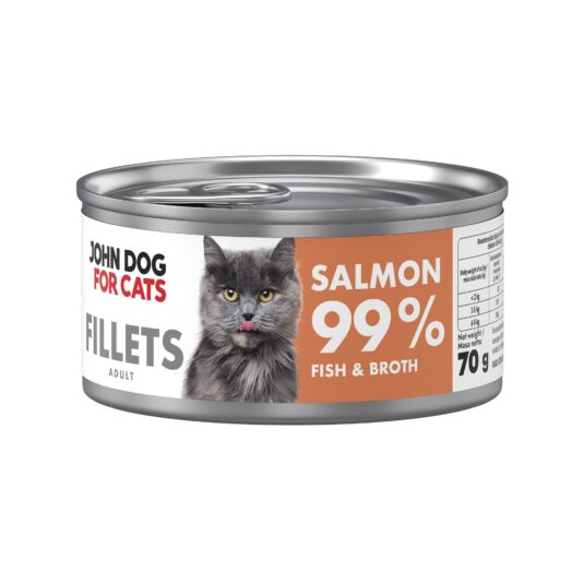 Srebrna puszka karmy dla kota John Dog for Cats Fillets 70 g z białą etykietą. Na etykiecie widoczny ciemnoszary kot oraz napis na pomarańczowym tle „Salmon 99% Fish & Broth”.
