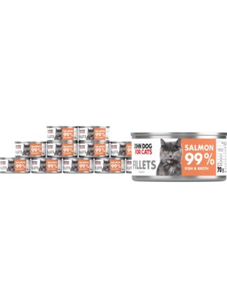 12 srebrnych puszek karmy dla kota John Dog for Cats Fillets 70 g z białymi etykietami. Na etykietach widoczny ciemnoszary kot oraz napis na pomarańczowym tle „Salmon 99% Fish & Broth”.