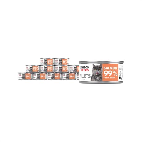 12 srebrnych puszek karmy dla kota John Dog for Cats Fillets 70 g z białymi etykietami. Na etykietach widoczny ciemnoszary kot oraz napis na pomarańczowym tle „Salmon 99% Fish & Broth”.