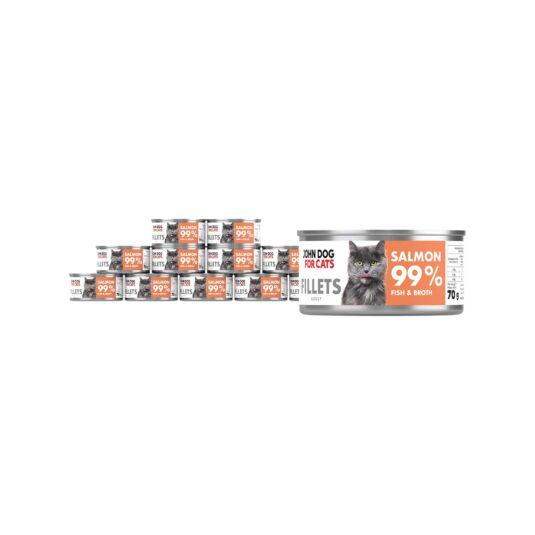 12 srebrnych puszek karmy dla kota John Dog for Cats Fillets 70 g z białymi etykietami. Na etykietach widoczny ciemnoszary kot oraz napis na pomarańczowym tle „Salmon 99% Fish & Broth”.