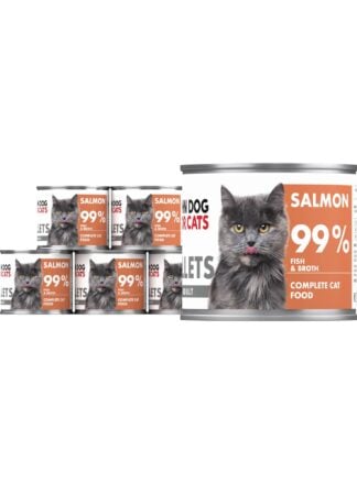 6 srebrnych puszek karmy dla kota John Dog for Cats Fillets 140 g z białymi etykietami. Na etykietach widoczny ciemnoszary kot oraz napis na pomarańczowym tle „Salmon 99% Fish & Broth”.