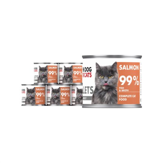 6 srebrnych puszek karmy dla kota John Dog for Cats Fillets 140 g z białymi etykietami. Na etykietach widoczny ciemnoszary kot oraz napis na pomarańczowym tle „Salmon 99% Fish & Broth”.