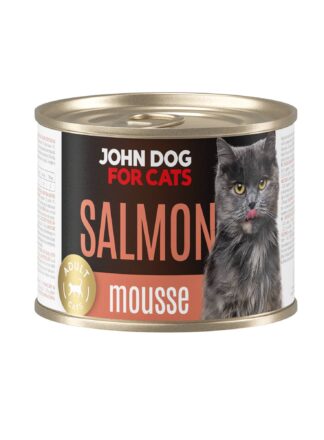 Karma mokra dla kota z kurczakiem w ciemnej puszce 200 g John Dog for Cats. Na etykiecie jest czarny kot, złote kółeczko oraz białe i jasnopomarańczowe napisy.