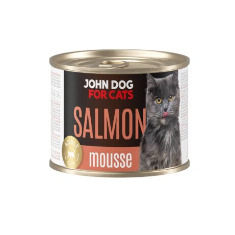 Karma mokra dla kota z kurczakiem w ciemnej puszce 200 g John Dog for Cats. Na etykiecie jest czarny kot, złote kółeczko oraz białe i jasnopomarańczowe napisy.