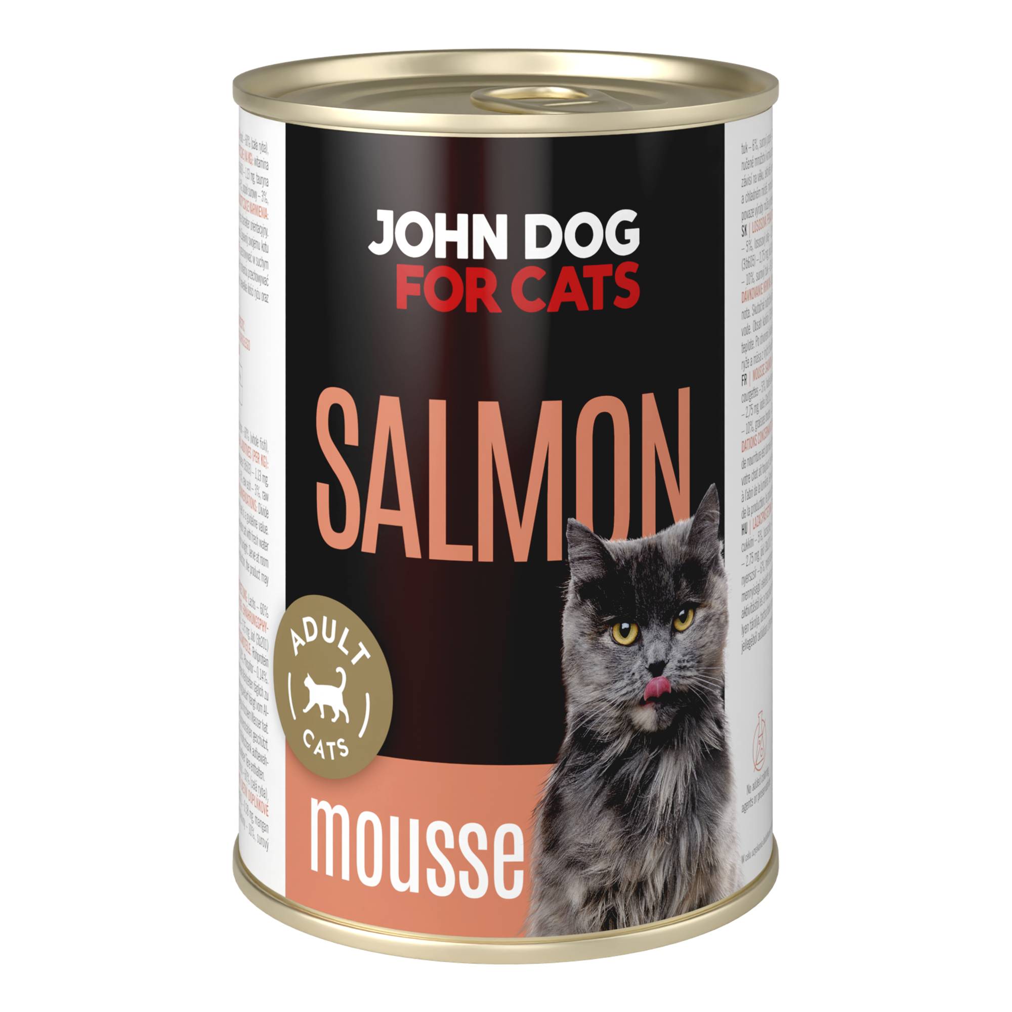 Karma mokra dla kota z kurczakiem w ciemnej puszce 400 g John Dog for Cats. Na etykiecie jest czarny kot, złote kółeczko oraz białe i jasnopomarańczowe napisy.