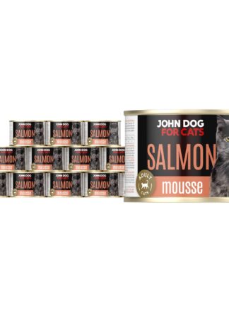 Karma mokra dla kota z kurczakiem w dwunastu ciemnych puszkach 200 g John Dog for Cats. Na etykietach jest czarny kot, złote kółeczko oraz białe i jasnopomarańczowe napisy.