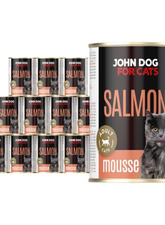 Karma mokra dla kota z kurczakiem w dwunastu ciemnych puszkach 400 g John Dog for Cats. Na etykietach jest czarny kot, złote kółeczko oraz białe i jasnopomarańczowe napisy.