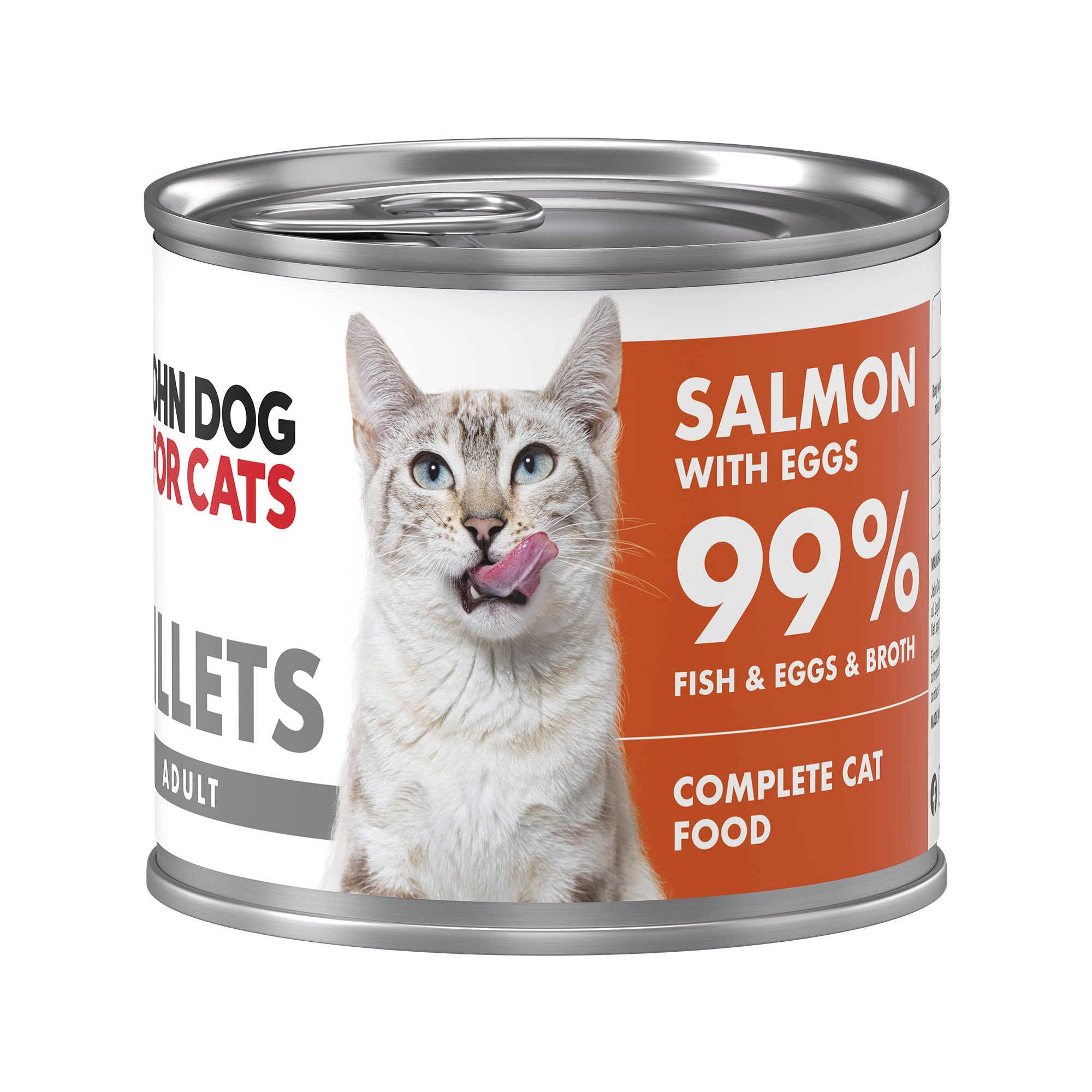 Srebrna puszka karmy dla kota John Dog for Cats Fillets 140 g z białą etykietą. Na etykiecie widoczny ciemnoszary kot oraz napis na pomarańczowym tle „Salmon 99% Fish & Broth”.