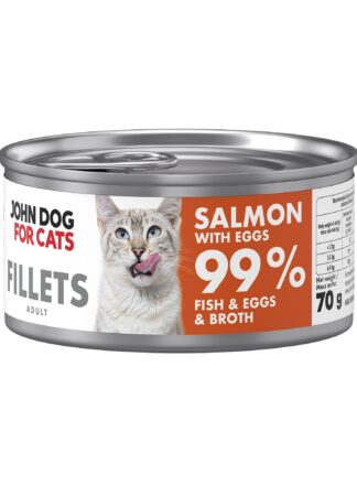 Srebrna puszka karmy dla kota John Dog for Cats Fillets 70 g z białą etykietą. Na etykiecie widoczny ciemnoszary kot oraz napis na pomarańczowym tle „Salmon 99% Fish & Broth”.