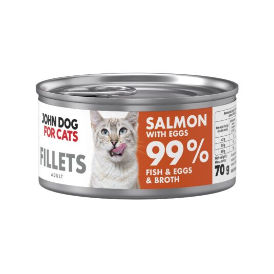 Srebrna puszka karmy dla kota John Dog for Cats Fillets 70 g z białą etykietą. Na etykiecie widoczny ciemnoszary kot oraz napis na pomarańczowym tle „Salmon 99% Fish & Broth”.