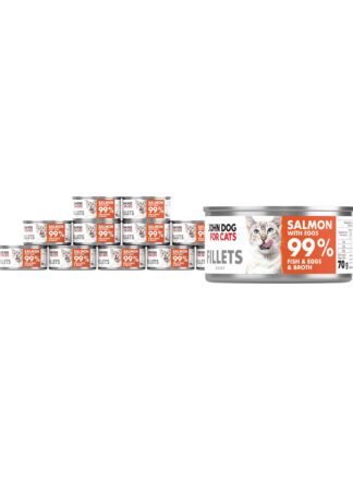 12 srebrnych puszek karmy dla kota John Dog for Cats Fillets 70 g z białymi etykietami. Na etykietach widoczny ciemnoszary kot oraz napis na pomarańczowym tle „Salmon 99% Fish & Broth”.