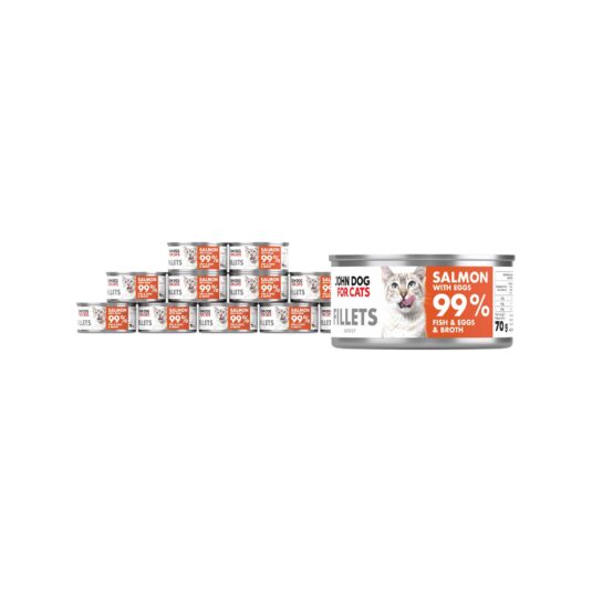 12 srebrnych puszek karmy dla kota John Dog for Cats Fillets 70 g z białymi etykietami. Na etykietach widoczny ciemnoszary kot oraz napis na pomarańczowym tle „Salmon 99% Fish & Broth”.