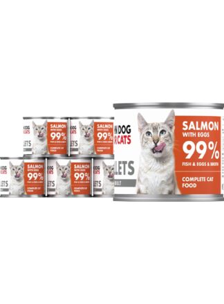 6 srebrnych puszek karmy dla kota John Dog for Cats Fillets 140 g z białymi etykietami. Na etykietach widoczny ciemnoszary kot oraz napis na pomarańczowym tle „Salmon 99% Fish & Broth”.