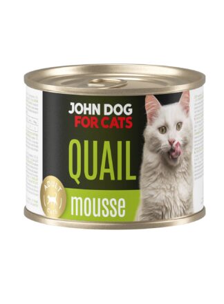 Karma mokra dla kota z przepiórką w ciemnej puszce 200 g John Dog for Cats. Na etykiecie jest biały kot, złote kółeczko oraz białe i limonkowe napisy.
