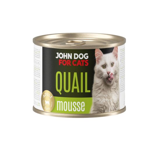 Karma mokra dla kota z przepiórką w ciemnej puszce 200 g John Dog for Cats. Na etykiecie jest biały kot, złote kółeczko oraz białe i limonkowe napisy.