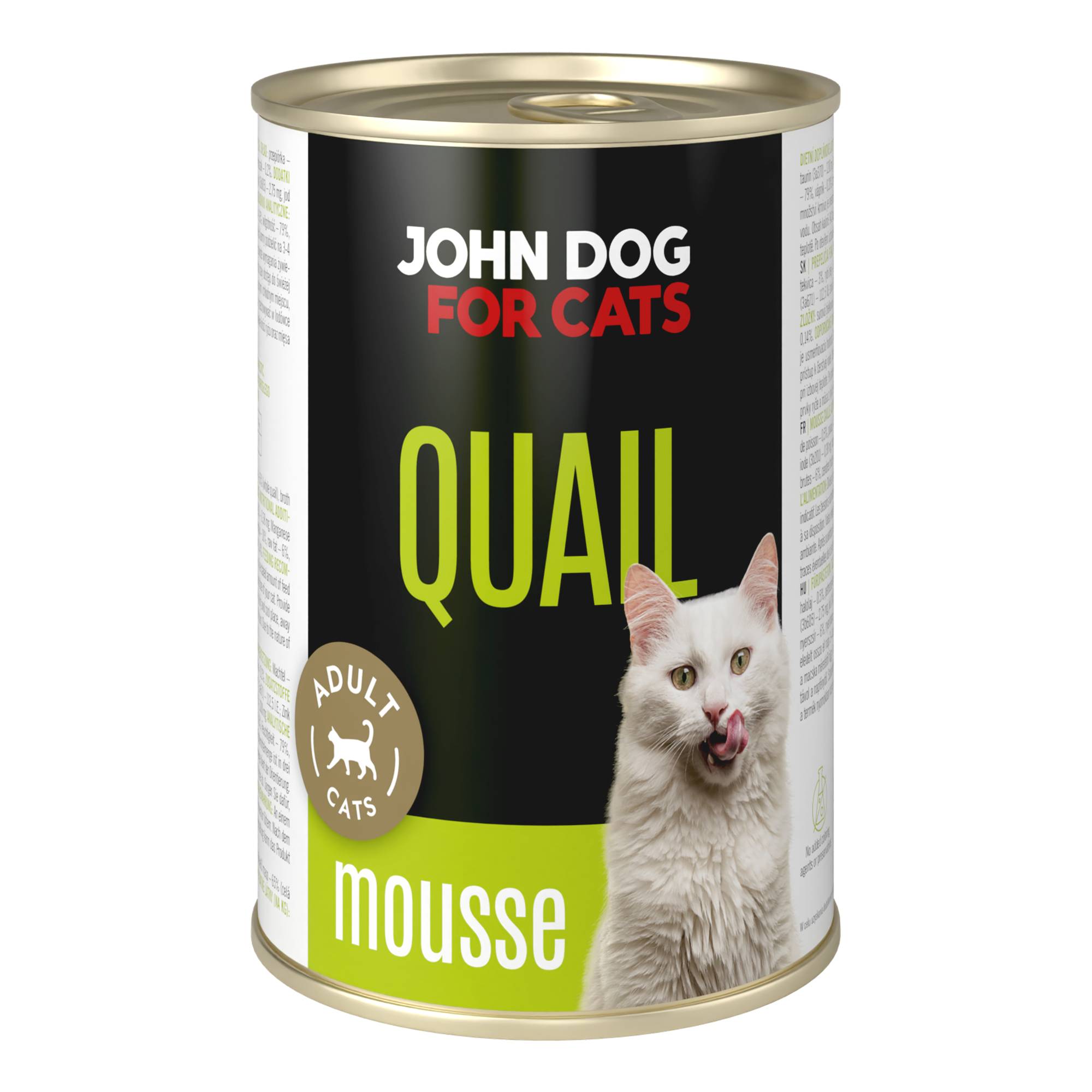 Karma mokra dla kota z przepiórką w ciemnej puszce 400 g John Dog for Cats. Na etykiecie jest biały kot, złote kółeczko oraz białe i limonkowe napisy.