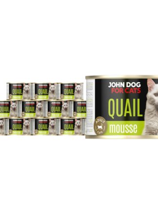 Karma mokra dla kota z przepiórką w dwunastu ciemnych puszkach 200 g John Dog for Cats. Na etykiecie jest biały kot, złote kółeczko oraz białe i limonkowe napisy.