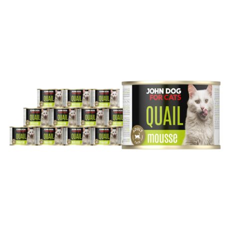 Karma mokra dla kota z przepiórką w dwunastu ciemnych puszkach 200 g John Dog for Cats. Na etykiecie jest biały kot, złote kółeczko oraz białe i limonkowe napisy.