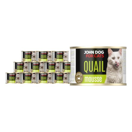 Karma mokra dla kota z przepiórką w dwunastu ciemnych puszkach 200 g John Dog for Cats. Na etykiecie jest biały kot, złote kółeczko oraz białe i limonkowe napisy.