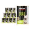 Karma mokra dla kota z przepiórką w dwunastu ciemnych puszkach 400 g John Dog for Cats. Na etykiecie jest biały kot, złote kółeczko oraz białe i limonkowe napisy.