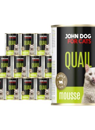 Karma mokra dla kota z przepiórką w dwunastu ciemnych puszkach 400 g John Dog for Cats. Na etykiecie jest biały kot, złote kółeczko oraz białe i limonkowe napisy.
