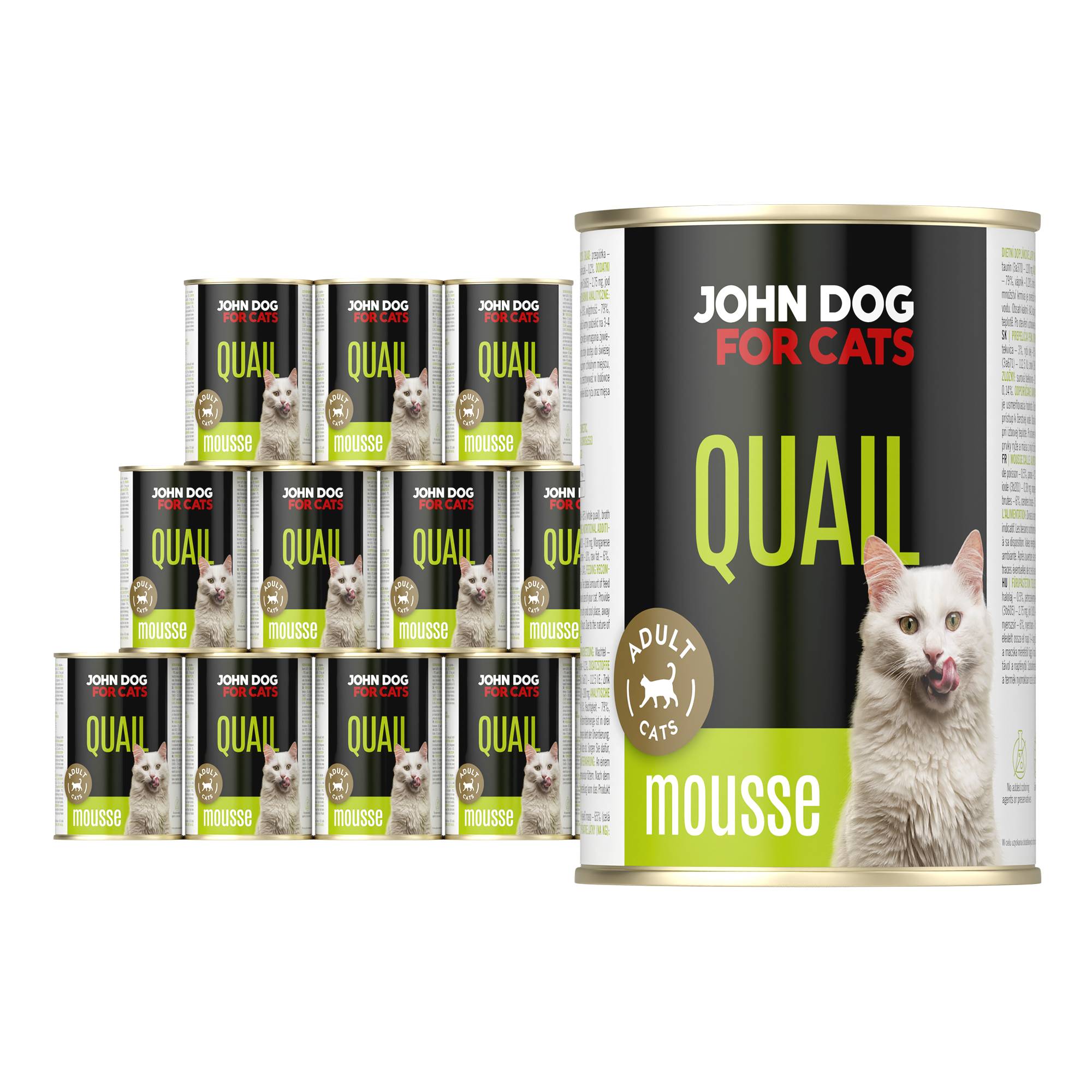 Karma mokra dla kota z przepiórką w dwunastu ciemnych puszkach 400 g John Dog for Cats. Na etykiecie jest biały kot, złote kółeczko oraz białe i limonkowe napisy.