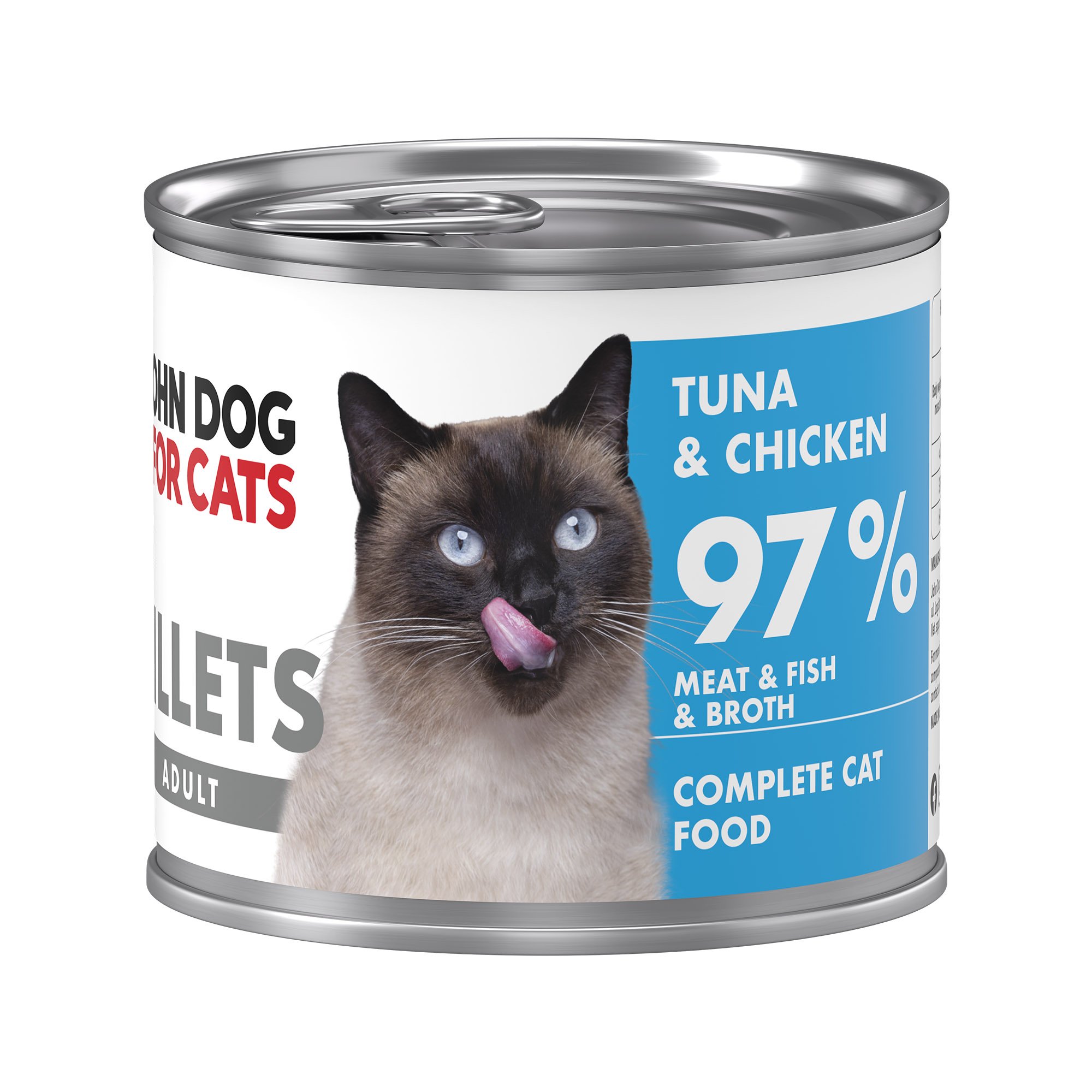 Srebrna puszka karmy dla kota John Dog for Cats Fillets 140 g z białą etykietą. Na etykiecie widoczny jasnoszary kot oraz napis na błękitnym tle „Tuna & chicken 97% Meat & Fish & Broth”.