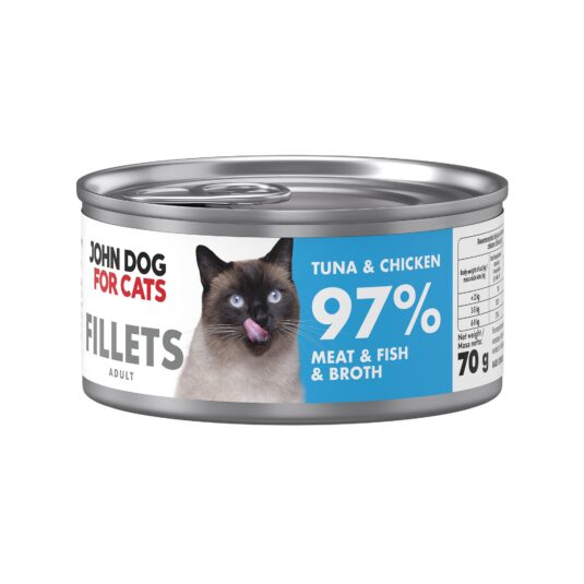 Srebrna puszka karmy dla kota John Dog for Cats Fillets 70 g z białą etykietą. Na etykiecie widoczny jasnoszary kot oraz napis na błękitnym tle „Tuna & chicken 97% Meat & Fish & Broth”.
