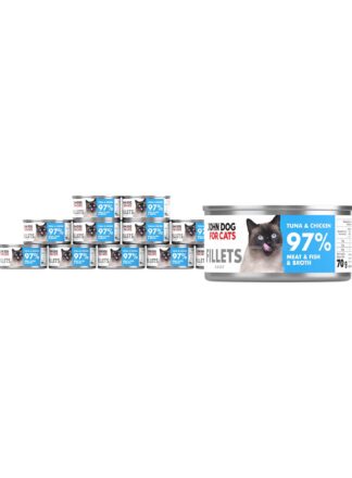 12 srebrnych puszek karmy dla kota John Dog for Cats Fillets 70 g z białymi etykietami. Na etykietach widoczny jasnoszary kot oraz napis na błękitnym tle „Tuna & chicken 97% Meat & Fish & Broth”.