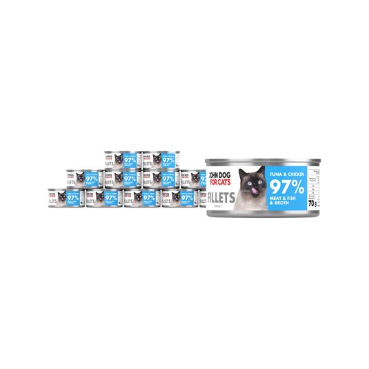 12 srebrnych puszek karmy dla kota John Dog for Cats Fillets 70 g z białymi etykietami. Na etykietach widoczny jasnoszary kot oraz napis na błękitnym tle „Tuna & chicken 97% Meat & Fish & Broth”.