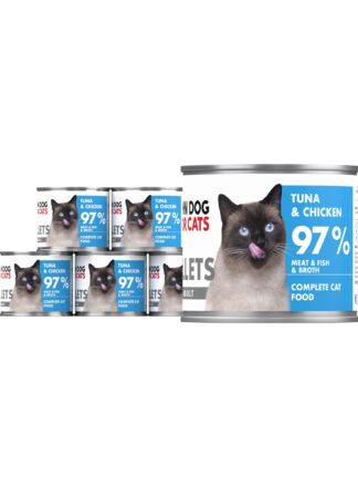 6 srebrnych puszek karmy dla kota John Dog for Cats Fillets 140 g z białymi etykietami. Na etykietach widoczny jasnoszary kot oraz napis na błękitnym tle „Tuna & chicken 97% Meat & Fish & Broth”.