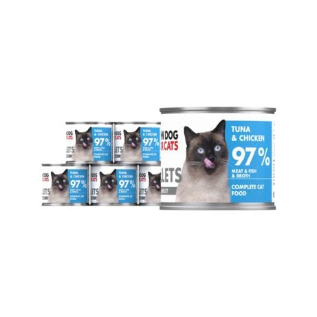 6 srebrnych puszek karmy dla kota John Dog for Cats Fillets 140 g z białymi etykietami. Na etykietach widoczny jasnoszary kot oraz napis na błękitnym tle „Tuna & chicken 97% Meat & Fish & Broth”.