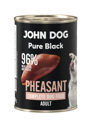 Karma mokra dla psa z bażanta John Dog Pure Black w czarnej puszce 400g. Na etykiecie jest surowe mięso z bażanta, zdjęcie psa oraz białe i jasnoróżowe napisy.