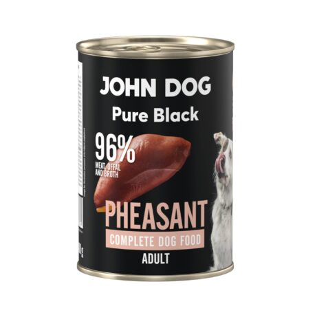 Karma mokra dla psa z bażanta John Dog Pure Black w czarnej puszce 400g. Na etykiecie jest surowe mięso z bażanta, zdjęcie psa oraz białe i jasnoróżowe napisy.