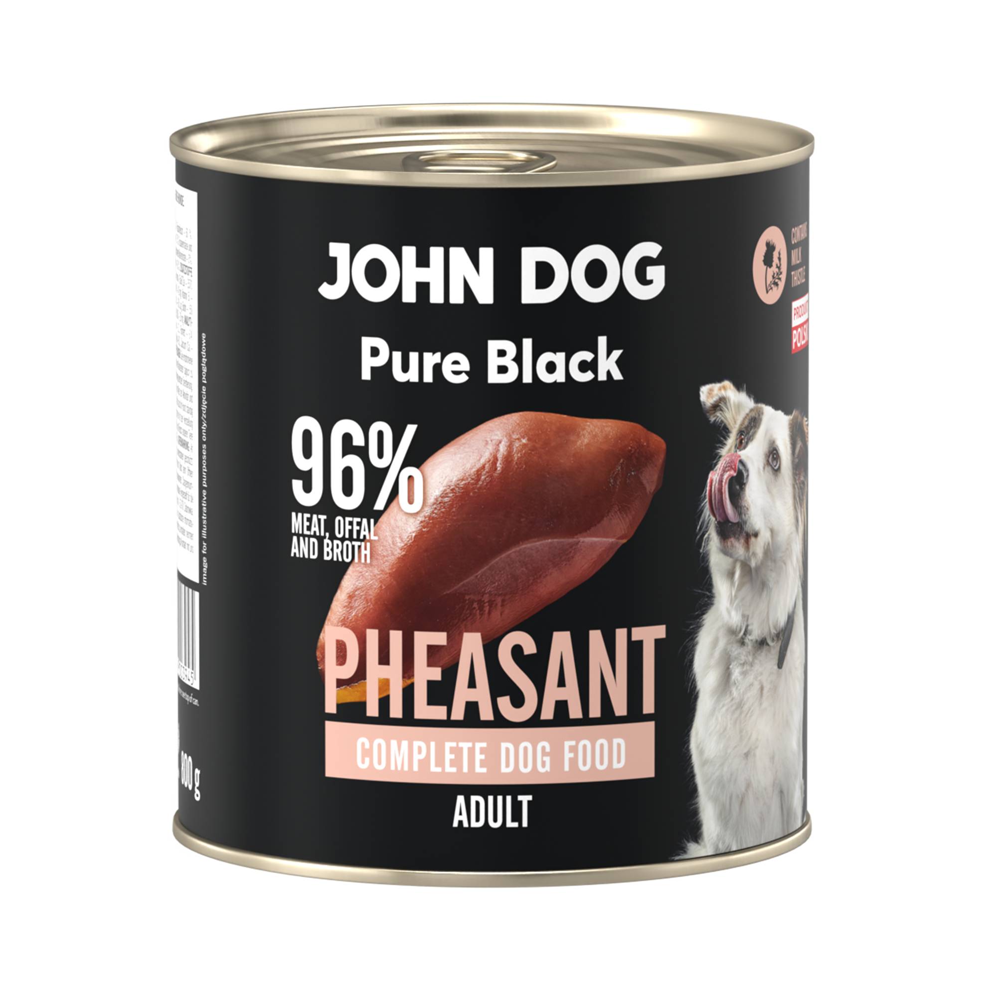 Karma mokra dla psa z bażanta John Dog Pure Black w czarnej puszce 800g. Na etykiecie jest surowe mięso z bażanta, zdjęcie psa oraz białe i jasnoróżowe napisy.