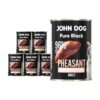 Karma mokra dla psa z bażanta John Dog Pure Black w sześciu czarnych puszkach 400g. Na etykietach jest surowe mięso z bażanta, zdjęcie psa oraz białe i jasnoróżowe napisy.