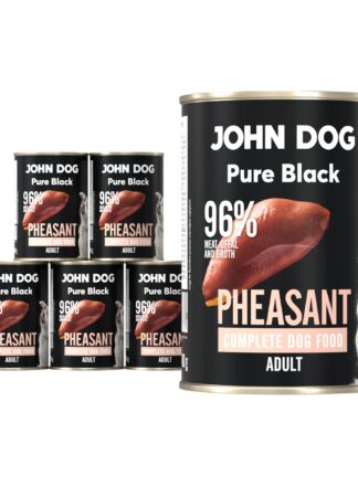 Karma mokra dla psa z bażanta John Dog Pure Black w sześciu czarnych puszkach 400g. Na etykietach jest surowe mięso z bażanta, zdjęcie psa oraz białe i jasnoróżowe napisy.