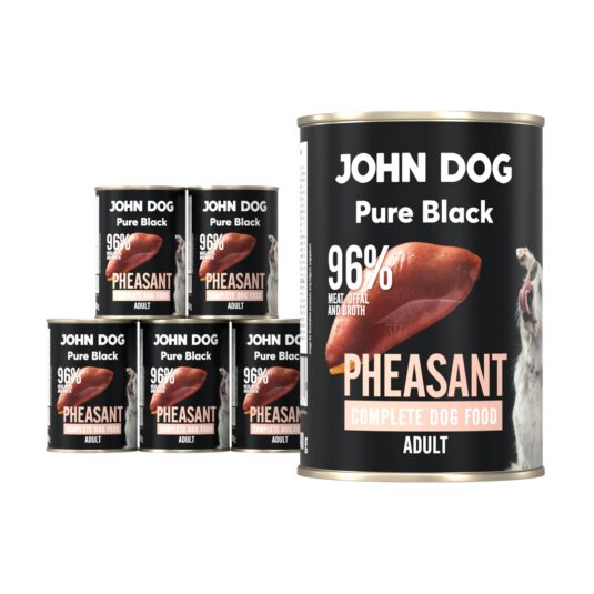 Karma mokra dla psa z bażanta John Dog Pure Black w sześciu czarnych puszkach 400g. Na etykietach jest surowe mięso z bażanta, zdjęcie psa oraz białe i jasnoróżowe napisy.