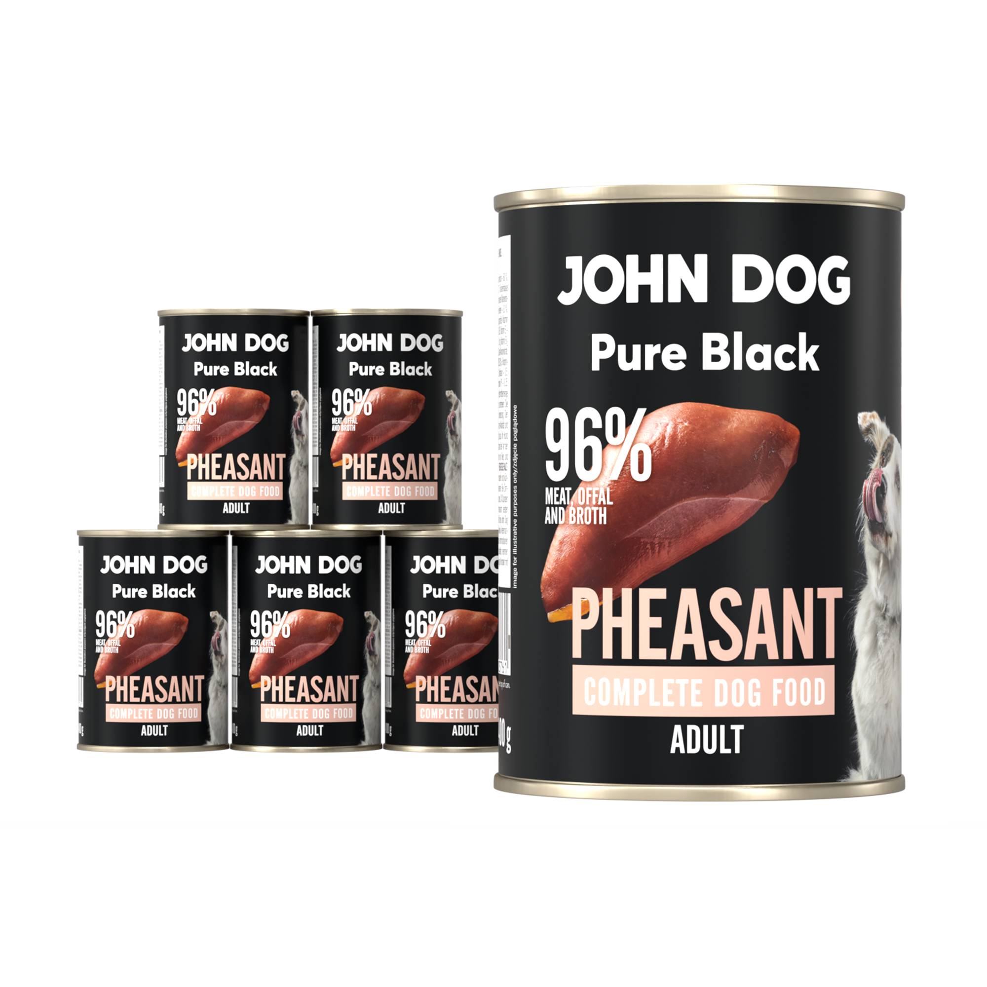 Karma mokra dla psa z bażanta John Dog Pure Black w sześciu czarnych puszkach 400g. Na etykietach jest surowe mięso z bażanta, zdjęcie psa oraz białe i jasnoróżowe napisy.