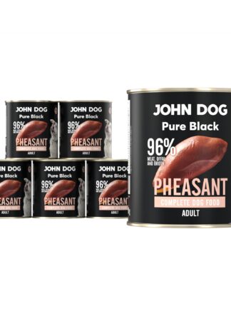 Karma mokra dla psa z bażanta John Dog Pure Black w czarnej puszce 800g. Na etykiecie jest surowe mięso z bażanta, zdjęcie psa oraz białe i jasnoróżowe napisy.