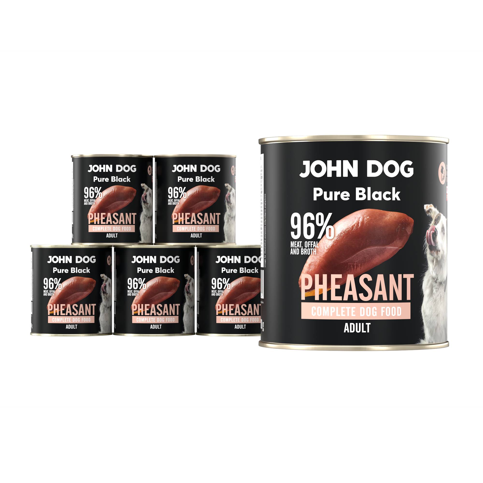 Karma mokra dla psa z bażanta John Dog Pure Black w czarnej puszce 800g. Na etykiecie jest surowe mięso z bażanta, zdjęcie psa oraz białe i jasnoróżowe napisy.