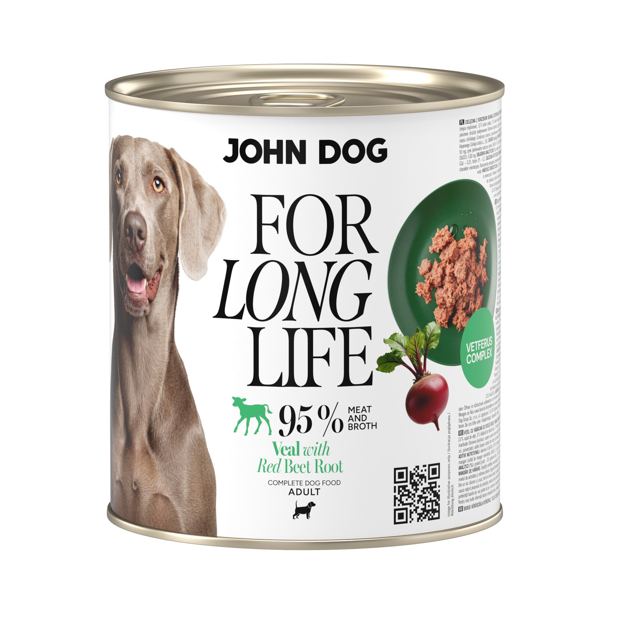 Puszka mokrej karmy dla psa John Dog For Long Life veal with red beet root 800 g. Na białej etykiecie po lewej stronie znajduje się zdjęcie psa rasy wyżeł weimarski, po środku napisy z informacjami o karmie, po prawej stronie zielony talerz z karmą, ilustracja buraka i kod qr.