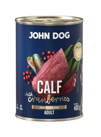 Mokra karma dla psa John Dog calf with cranberries adult w puszce 400 g, z granatową etykietą, ilustracjami mięsa cielęcego, żurawiny i zielonych liści.