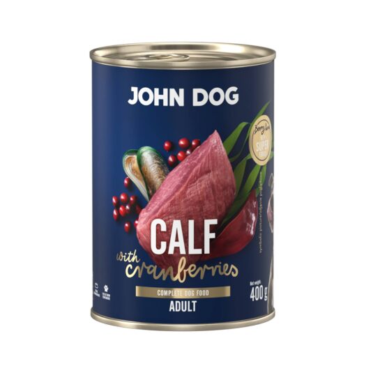 Mokra karma dla psa John Dog calf with cranberries adult w puszce 400 g, z granatową etykietą, ilustracjami mięsa cielęcego, żurawiny i zielonych liści.