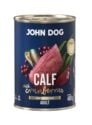 Mokra karma dla psa John Dog calf with cranberries adult w puszce 400 g, z granatową etykietą, ilustracjami mięsa cielęcego, żurawiny i zielonych liści.