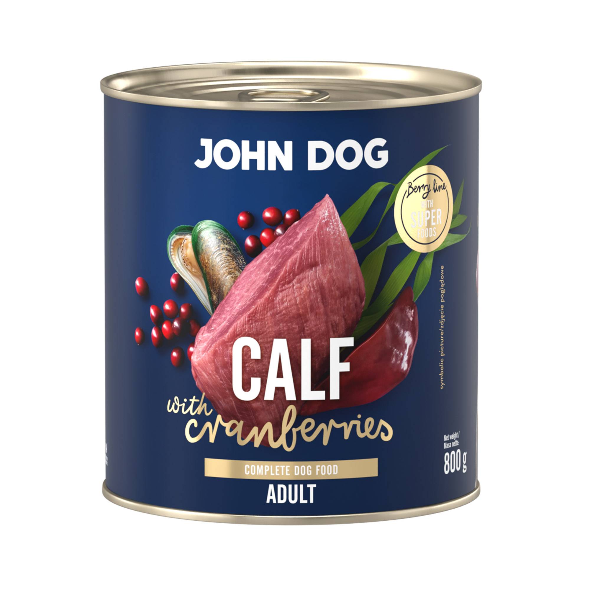 Mokra karma dla psa John Dog calf with cranberries adult w puszce 800 g z granatową etykietą, ilustracjami mięsa cielęcego, żurawiny i zielonych liści.
