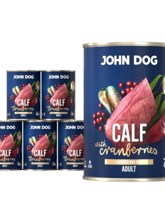 Mokra karma dla psa John Dog calf with cranberries adult w 6 puszkach 400 g, z granatową etykietą, ilustracjami mięsa cielęcego, żurawiny i zielonych liści.