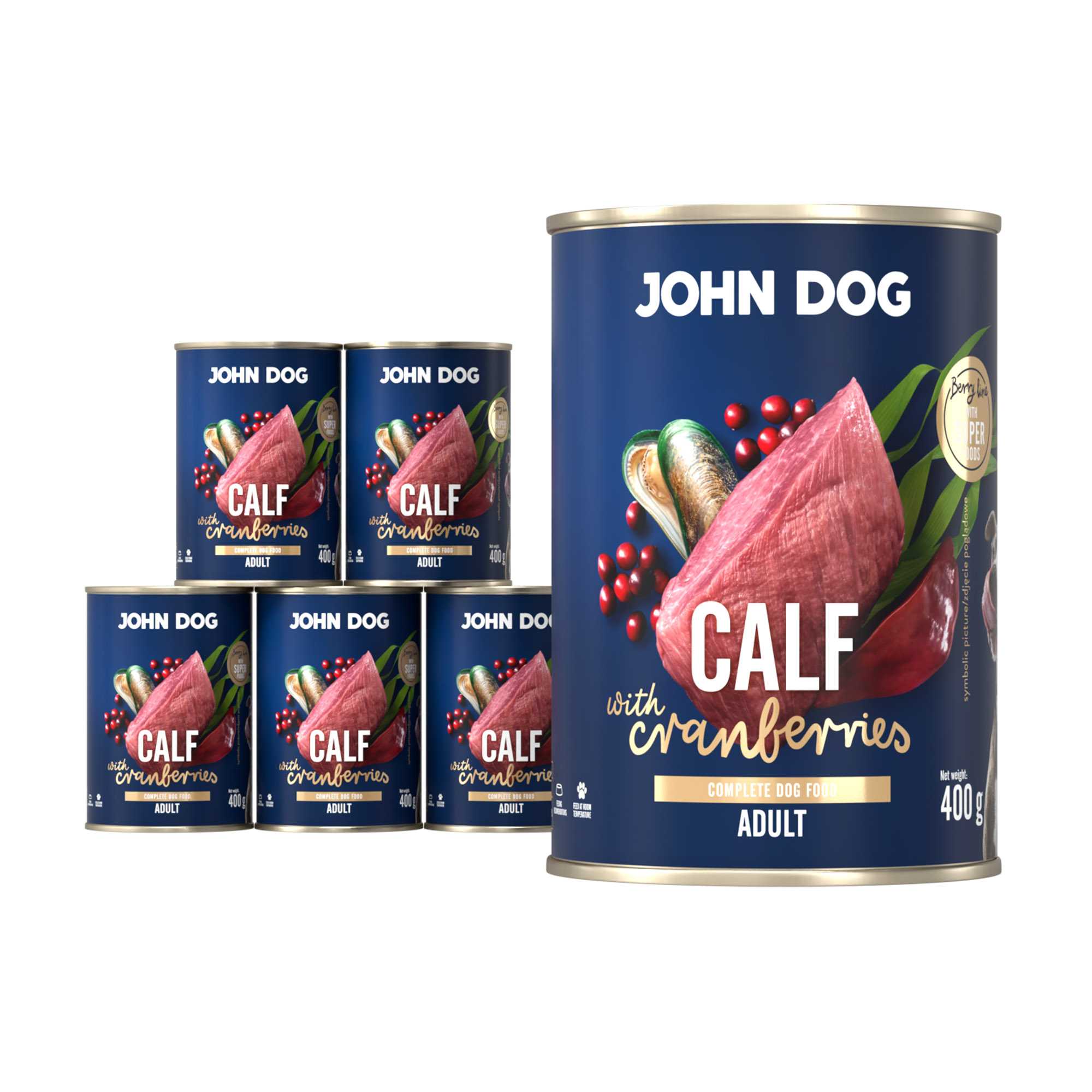 Mokra karma dla psa John Dog calf with cranberries adult w 6 puszkach 400 g, z granatową etykietą, ilustracjami mięsa cielęcego, żurawiny i zielonych liści.